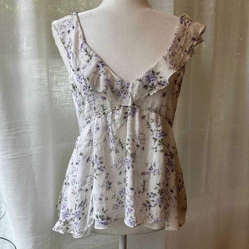 Zara Silk Flroal Ruffle Blouse Open Back Tie Size Large